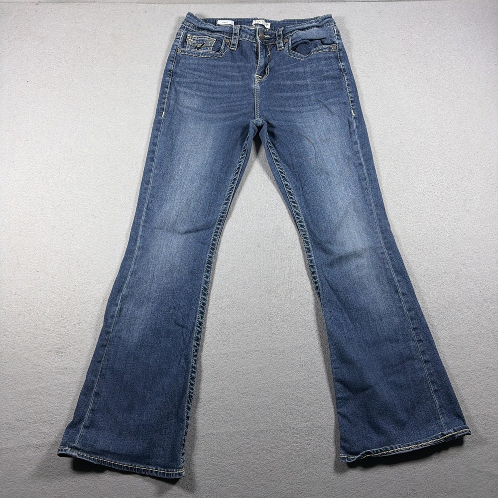 Vigoss Jeans Women 10 Medium Wash Blue Flare High Rise Stretch Embroidered Denim
